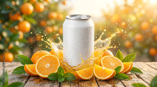 Refreshing natural orange juice in a blank can with vibrant fruit splash on a rustic table amidst a sunny citrus grove, perfect for summer thirst quenching