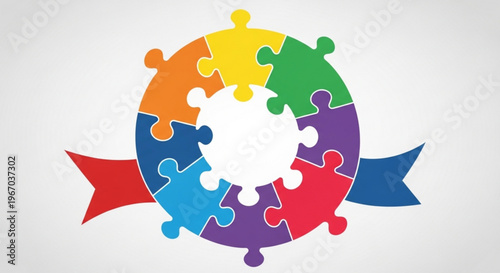 Colorful puzzle pieces forming a circle with a ribbon symbolizing unity and diversity in a creative teamwork concept