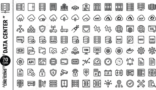 A collection of line icons depicting various data center concepts and technology symbols. Ai, eps, jpg, transparent background, eps
