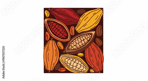 Colorful illustration of cocoa pods and beans in a repeating pattern
