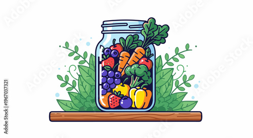 Colorful assortment of fresh fruits and vegetables in a glass jar on a wooden shelf