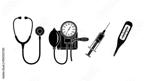 Illustration of Medical Instruments Including Stethoscope Blood Pressure Monitor Syringe and
