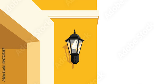 A black, vintage-style outdoor lantern with a clear glass shade is mounted on a bright yellow wall with white architectural trim against a plain white background.