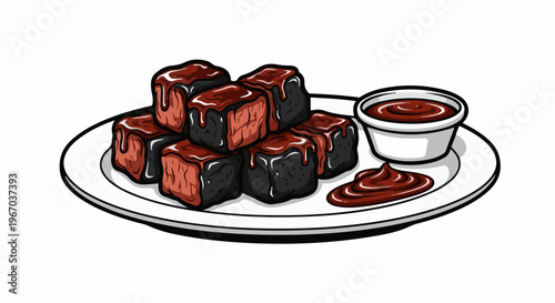 Cubes of dark, rich, frosted dessert served with dipping sauce