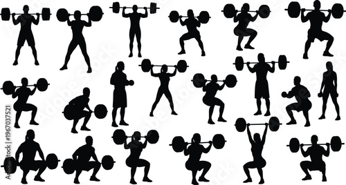 Silhouettes of athletes performing weightlifting exercises with barbells and dumbbells, strength training, fitness, gym workout, sports discipline, health