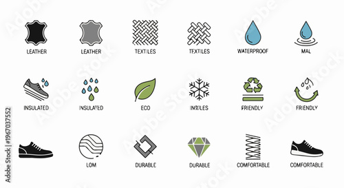 Collection of icons illustrating shoe material and comfort features