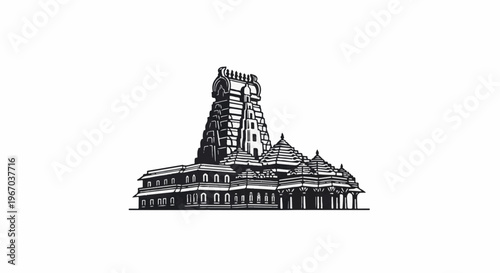 Ornate ancient temple structure with a tall, tiered central tower