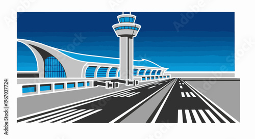 Modern airport terminal building with control tower and runway