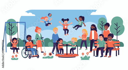 Diverse group of children and adults enjoying a park with playground equipment