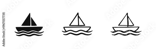 Sailboat on Waves Icon Set, Nautical Marine Travel and Adventure Symbol