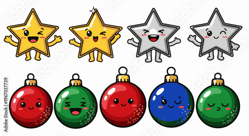 Collection of cute, anthropomorphic stars and baubles with happy faces