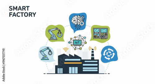 Modern factory with robotic arms, AI brain, control panel, and IoT network