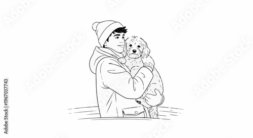 Person in winter attire cradles fluffy dog, looking to the side