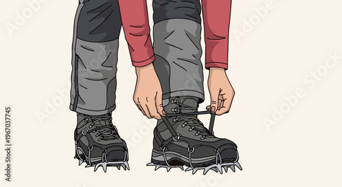 Person tying laces on crampon-equipped mountain boots