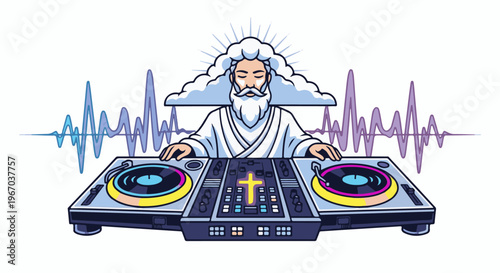 Divine DJ mixing beats with heavenly clouds and sound waves above turntables