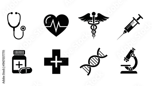 Medical and healthcare related symbols including stethoscope heart caduceus pills dna microscope