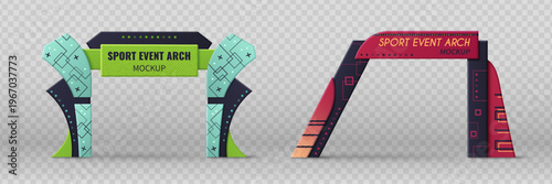 Sport event arch mockup set isolated on transparent background. Vector realistic illustration of color marathon gate with space for branding, start or finish banner design, welcome frame