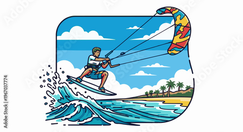 Person kiteboarding on a sunny day over ocean waves with palm trees