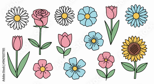 Collection of colorful cartoon-style flowers roses, tulips, daisies, sunflowers