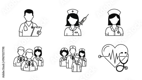Medical Professionals and Healthcare Symbols Illustration Depicting Medical Staff and Heartbeat