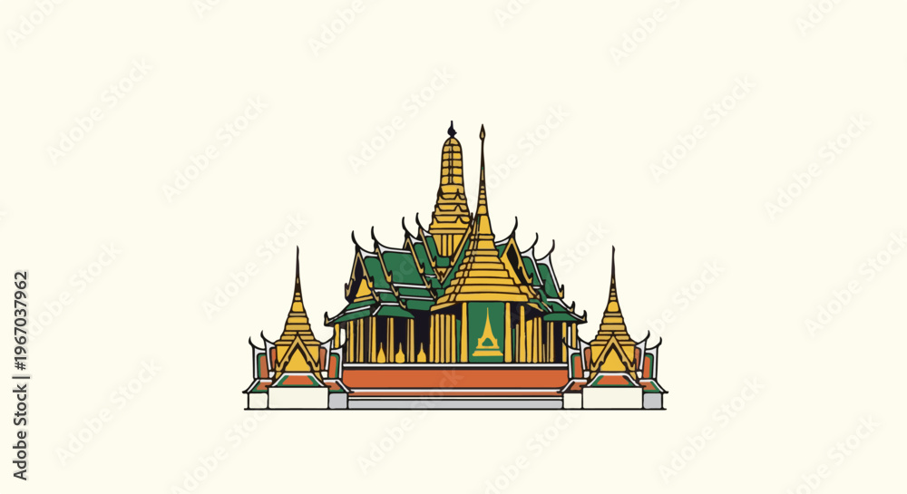 Obraz premium Ornate temple with tiered roofs, spires, and a vibrant color palette on a cream background