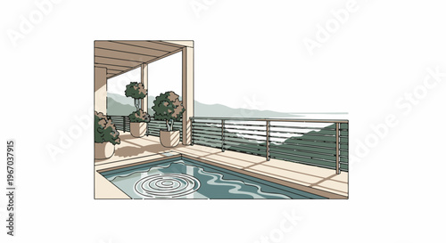 Modern terrace with swimming pool and scenic mountain backdrop