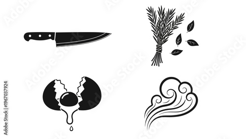 Minimalist Black and White Eco-Themed Illustration Featuring Knife Leaves and Wind Icons