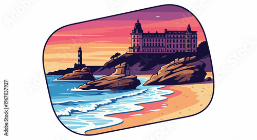 Coastal sunset scene with a grand hotel and lighthouse on cliffs