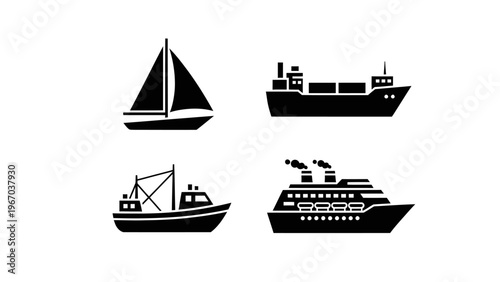 Minimalist Black and White Icon Set of Various Ships and Marine Vessels Illustration