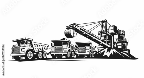 Excavator loads dump trucks with ore on a white background