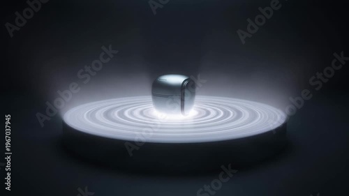A metallic cube sits on a glowing circular platform with concentric rings in a dark room