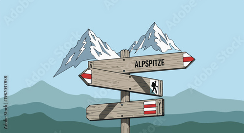 Mountain range with snow-capped peaks and a wooden signpost