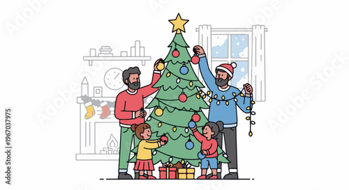 Family decorates a Christmas tree with ornaments and lights indoors