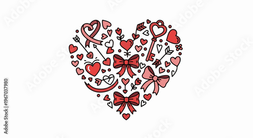 Hand-drawn Valentine's heart with bows, keys, arrows, and flowers