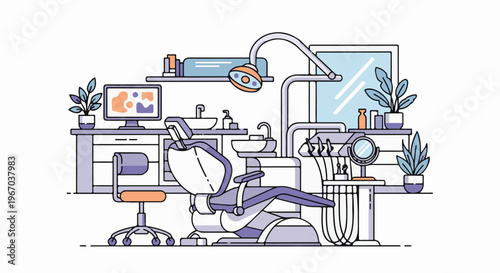 Modern dental office interior with equipment and plants