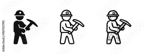 Miner with pickaxe and hard hat icon set. Mining worker symbol in different artistic styles, including silhouette and hand-drawn.