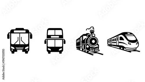Minimalist Black and White Icons Representing Different Types of Trains and Rail Vehicles