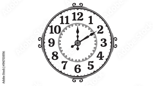 Clock face with black ornamental detailing and roman numerals on white background, vintage analog timepiece.