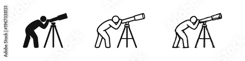 Astronomer viewing through a telescope icon set. Celestial observation symbol in different styles, including silhouette and hand-drawn.