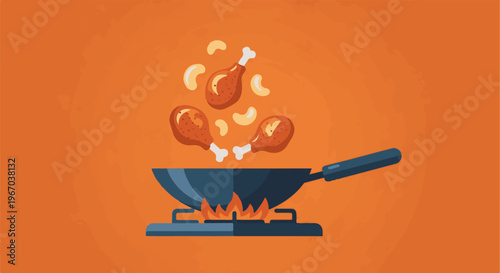 Chicken and cashews being stir-fried in a wok over a gas flame