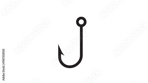Hook fishing simple icon with a sharp point and a ring for attaching a line, isolated on a white background.