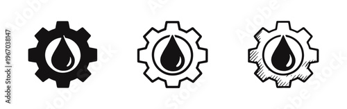 Oil drop in gear icon set. Lubrication and industrial machinery symbol in different styles, including silhouette and hand-drawn.