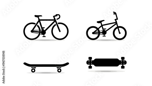 Minimalist Black and White Illustration of Bicycle Skateboard and Longboard