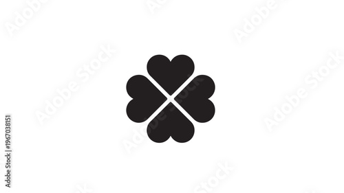 Cloverleaf icon with four hearts in black on a white background, symbolizing luck and nature. featuring clover, leaf, symbol with plant and good