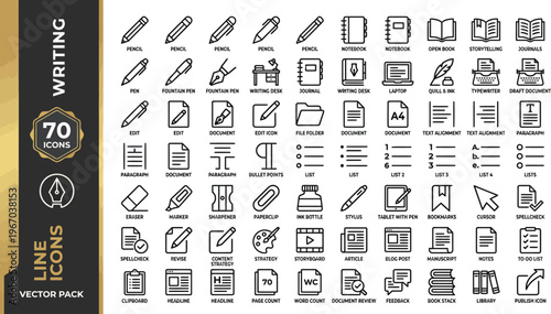 A collection of line icons for writing and office work on a white background Ai, eps, jpg, transparent background, eps