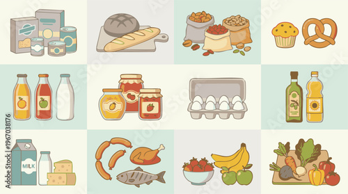 Collection of diverse grocery items and food products, illustration set