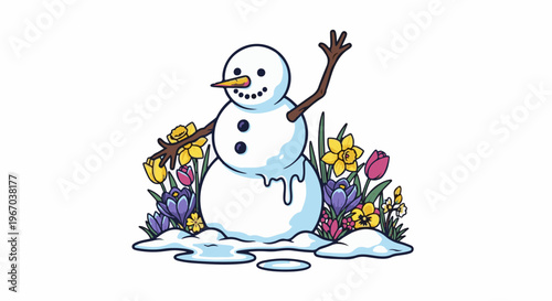 Cheerful melting snowman surrounded by colorful spring flowers and melting snow