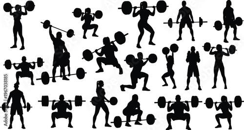 Silhouettes of men and women performing barbell exercises, squats, deadlifts, overhead lifts, strength training, bodybuilding, gym fitness, health