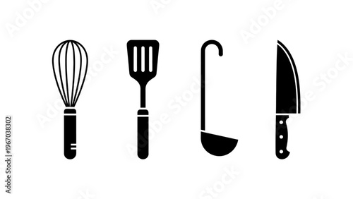 Minimalist Black and White Kitchen Utensils Silhouette Set Including Whisk Fork Ladle and Knife
