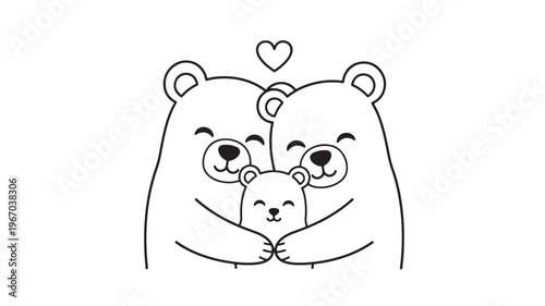 Bears family hugging with a heart above, simple outline illustration for design featuring bear, love, hug with animal and cute elements for parent,